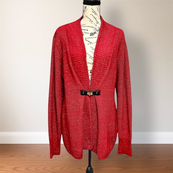 Calvin Klein Size L Red Gold Metallic Cardigan Clip Front Sparkle Festive Party - Picture 1 of 9